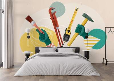 Advert collage image picture of building tools instruments for home house decoration advertise repair store Wall mural