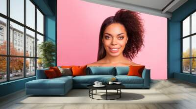 Advert concept. Close-up portrait of nice cute glamorous trendy stylish cheerful lady perfect shine flawless silky two side different balm lotion shampoo oil mask isolated over pink pastel background Wall mural