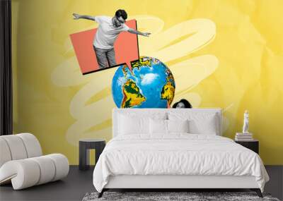 Artwork collage illustration of relationships on distance young couple communicate each other over globe isolated over beige background Wall mural