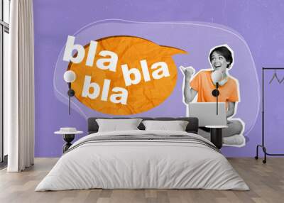 Artwork collage picture of excited mini black white colors girl use netbook point finger huge dialogue bubble bla blah isolated on violet background Wall mural