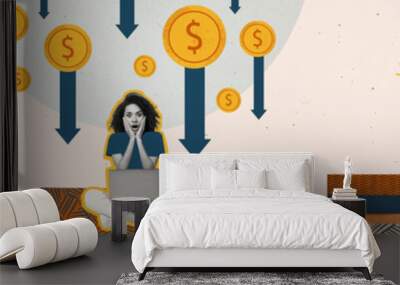 Artwork sketch image photo collage of horizontal panorama goal aim achieve money economy rich research work lady shocked face crisis loss Wall mural