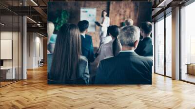 Audience of nice chic classy elegant stylish sharks listening to report strategy top management planning sales finance profit corporate at industrial loft interior work place space Wall mural