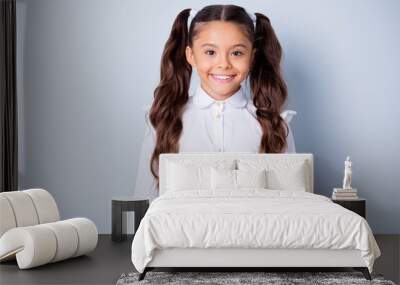 Back to school. Portrait of nice sweet cute cheerful positive stylish brunette small little girl with curly pigtails in white shirt and skirt. Isolated over grey background Wall mural