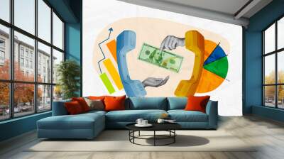 Banner image poster collage of bank consultant solve deposit issue client give hundred dollars banknote paying Wall mural