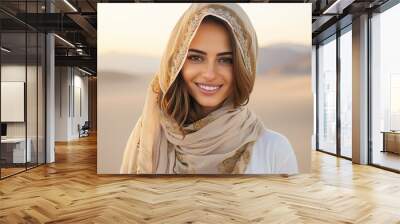 Beautiful arabic woman wearing veil in sandy desert Generative Ai illustration Wall mural