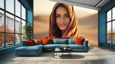 Beautiful arabic woman wearing veil in sandy desert Generative Ai illustration Wall mural