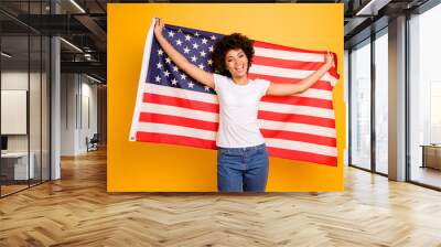 Close up photo beautiful amazing she her dark skin lady hands arms hold american flag festive mood 4th of july wearing casual jeans denim white t-shirt isolated yellow bright vibrant background Wall mural