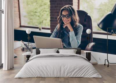 Close up photo beautiful she her business lady got promotion look screen speak skype sit big office chair working chatting investors hear good news glad answer wearing specs formal wear suit shirt Wall mural