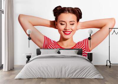 Close up photo beautiful she her lady pretty buns eyes closed dreamer having nap arms hands behind head weekend day off making wish wear casual striped red white t-shirt isolated pink background Wall mural