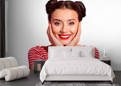 Close up photo beautiful she her lady pretty two buns bright pomade lipstick touch hold arms hands cheeks cheekbones show white teeth wear casual striped red white t-shirt isolated pink background Wall mural