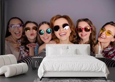 Close up photo beautiful she her six ladies skinny roommates go abroad holidays make take selfies colored specs wearing casual jeans denim checkered striped clothes outfit isolated grey background Wall mural