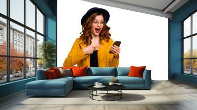 Close up photo beautiful yell she her lady direct indicate arm hand telephone reader cool news modern look sale discount lottery wear specs formal-wear costume suit isolated yellow vibrant background Wall mural