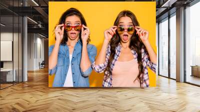 Close up photo charming funny hipsters person astonished impressed incredible information bargain news summer travel touch modern specs open mouth checked shirts denim isolated yellow background Wall mural