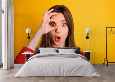 Close up photo of amazed astonished girl with her okay sign near eye look watch like spy see unbelievable ads feel stupor face expression wear red sweater isolated over yellow color background Wall mural