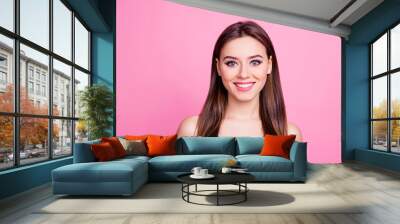 Close up photo of charming wonderful gorgeous pure cute sweet girl with dark brown smooth hair with central parting light coral lipstick eyeliner cat eyes isolated on bright pink background copyspace Wall mural