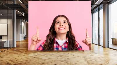 Close up photo of cute pretty kid look advertise see choice decision information way direction advice follow up dressed checked modern shirt hispanic isolated pink background Wall mural