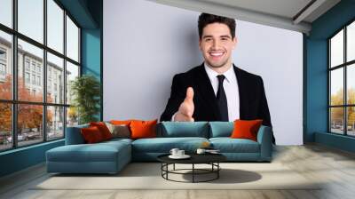 Close up photo of glad content charming youngster investor investment have meeting greet hand feel enjoy partner partnership concept he his black jacket isolated on silver background  Wall mural