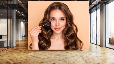 Close up photo of gorgeous glamorous wavy haired girl apply rouge powder hold brush want prepare for date be attractive use professional skin care products isolated over beige color background Wall mural