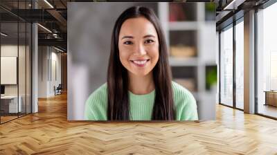 Close up photo of nice charming lovely asian girl have online meeting friends talking broadcast toothy smile in house indoors Wall mural