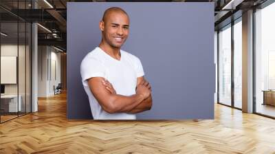 Close up photo strong healthy masculine dark skin he him his macho bald head arms crossed satisfied after first date want one more wearing white t-shirt outfit clothes isolated grey background Wall mural