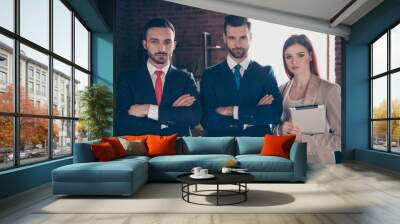 Close up photo three people she her business lady hold e-reader he him his guys hands arms crossed folded self-confident development growth coacher stand office table wear specs formal wear suit Wall mural