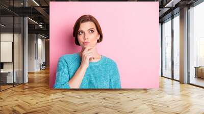 Close-up portrait of her she nice attractive lovely doubtful brown-haired girl thinking learning subject science choosing option isolated over pink pastel color background Wall mural