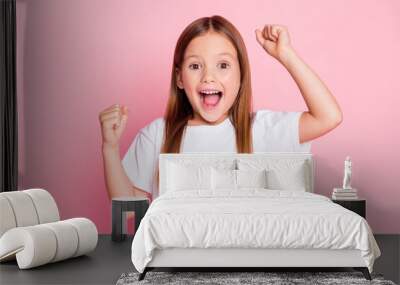 Close-up portrait of her she nice attractive lovely lucky red hair cheerful cheery girl rejoicing good great news having fun attainment isolated over pink pastel color background Wall mural