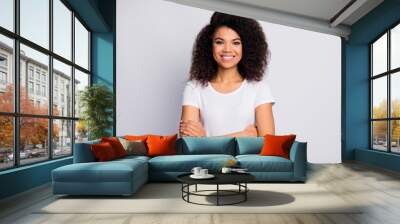 Close-up portrait of her she nice attractive lovely pretty cheerful cheery glad wavy-haired girl folded arms isolated over light white pastel color background Wall mural