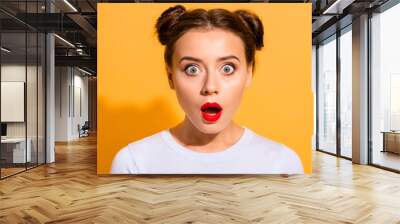 close-up portrait of her she nice attractive lovely puzzled girl opened mouth stunning news isolated Wall mural