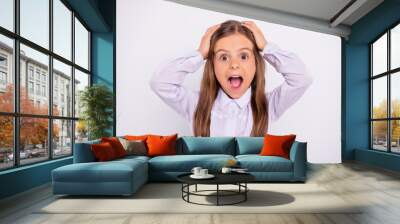 Close-up portrait of her she nice attractive sweet lovely funny cheery cheerful amazed pre-teen girl cool scientist expressing emotion isolated over light white grey background Wall mural