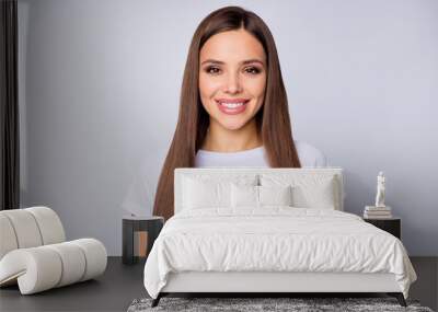 Close-up portrait of her she nice-looking attractive lovable adorable perfect well-groomed cheerful cheery straight-haired girl isolated over light white gray pastel color background Wall mural