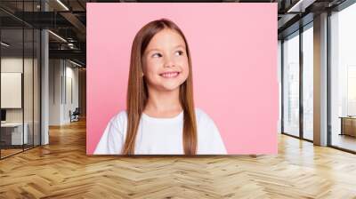 Close-up portrait of her she nice-looking attractive lovely curious cheerful cheery foxy ginger girl overthinking copy space learning isolated over pink pastel color background Wall mural