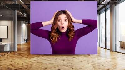 Close-up portrait of her she nice-looking attractive lovely stunned wavy-haired lady got great news isolated over bright vivid shine purple violet lilac background Wall mural