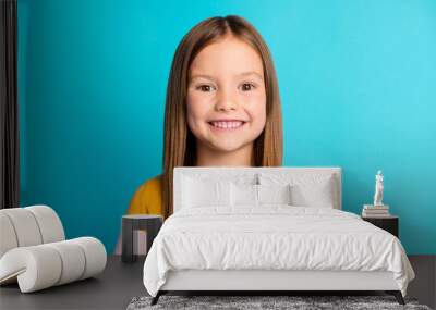 Close-up portrait of her she nice-looking pretty cute lovely attractive cheerful cheery content long-haired pre-teen girl isolated over bright vivid shine vibrant blue color background Wall mural