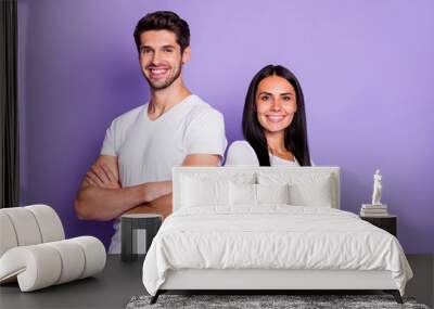 Close-up portrait of his he her she nice attractive lovely content cheerful cheery couple folded arms good team staff IT profession isolated over purple violet lilac color pastel background Wall mural