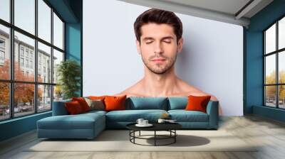 Close-up portrait of his he nice attractive bearded brunette guy after spa laser rf lifting uplift effect soft smooth flawless perfect shine skin isolated on light white gray color pastel background Wall mural