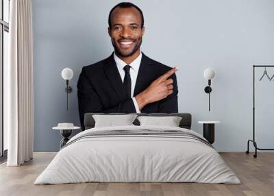 Close-up portrait of his he nice attractive cheerful cheery glad luxurious guy employee banker economist director showing decision ad advert isolated over grey pastel color background Wall mural