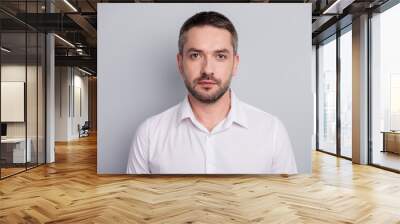 Close-up portrait of his he nice attractive content calm serious mature man qualified security manager wearing white shirt isolated over light gray pastel color background Wall mural