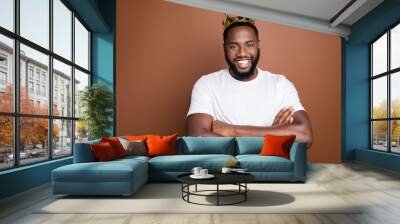 Close-up portrait of his he nice attractive cool cheerful cheery content successful bearded guy wearing white tshirt diadem folded arms isolated over dark red brown pastel color background Wall mural