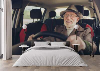 Close-up portrait of his he nice experienced cheerful cheery glad grey-haired man driving car in traffic jam holding steering wheel enjoying far way road Wall mural