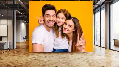 Close-up portrait of three nice attractive charming cute lovely cheerful cheery optimistic person spending weekend showing v-sign isolated over bright vivid shine yellow background Wall mural