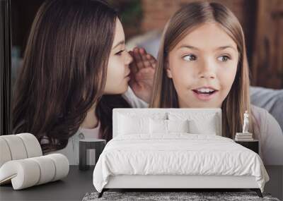 Close-up portrait of two nice attractive charming dreamy pensive funny curious girls sharing secrets dream news information fantasize fancy in house loft industrial interior style Wall mural