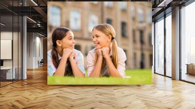 Close-up portrait of two nice attractive winsome lovely cute friendly cheerful cheery pre-teen girls lying in green grass fresh air spending vacation holiday weekend looking at each other Wall mural