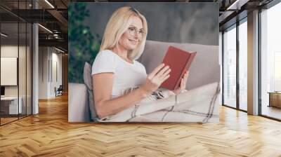 Close-up profile side view portrait of her she nice attractive charming cheerful focused mature lady sitting on divan reading book in modern industrial loft interior style apartment house Wall mural