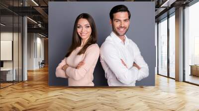 Close-up profile side view portrait of his he her she nice attractive content lovely cheerful cheery couple folded arms isolated over gray violet purple pastel color background Wall mural