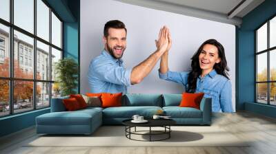 Close up side profile photo amazing she her he him his couple lady guy clapping hands arms teamwork bonding good job work wear casual jeans denim shirts outfit clothes isolated grey background Wall mural