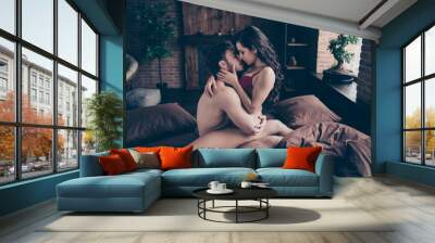 Close up side profile photo of two people in love pair sitting o Wall mural