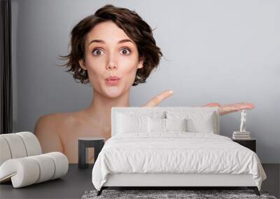 Closeup photo of beautiful naked lady bob short hairdo showing new spa salon procedure on open arm direct finger shocked isolated grey color background Wall mural