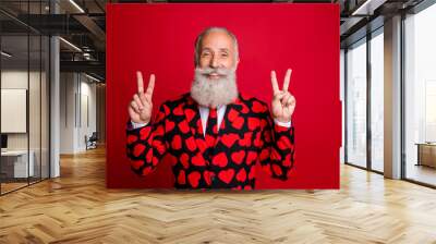 Closeup photo of funky aged attractive man amour cupid role showing v-sign symbols greets party people wear hipster hearts pattern suit costume tie isolated red color background Wall mural