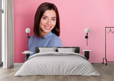 Closeup portrait of young smiling happy cute girl looking directly you recommend new dentistry isolated on pink color background Wall mural